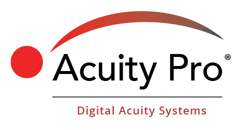 Logo with stylized text and red dot for AcuityPro visual systems.
