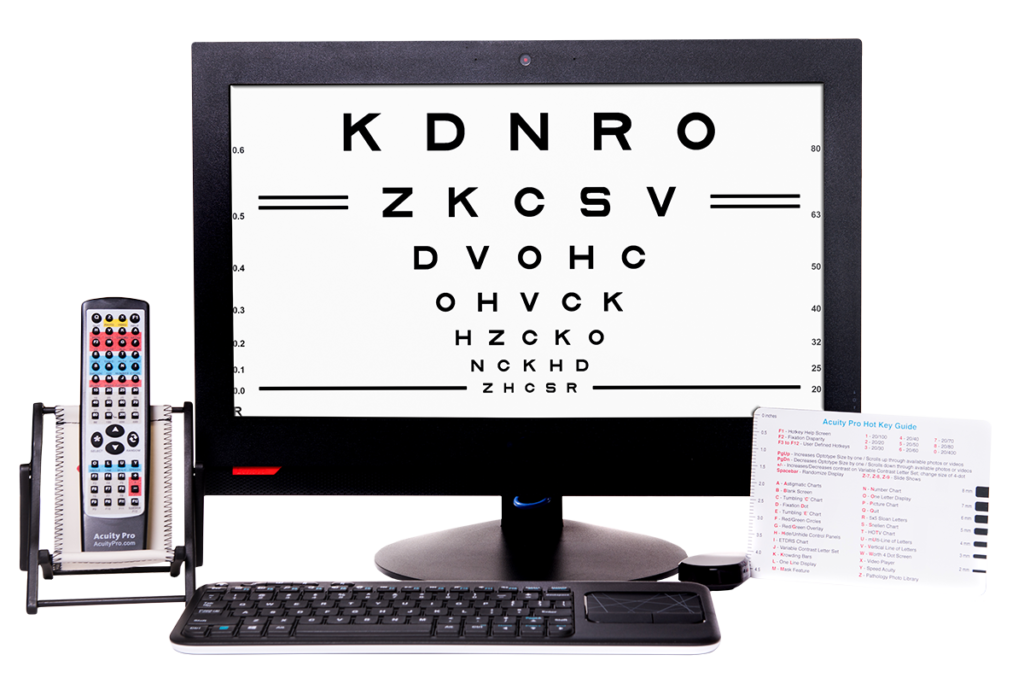 Computer monitor displaying eye chart with acuity pro software.